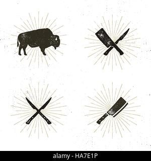 Ensemble de steak house, Butcher House et la viande outils - traversé les couteaux pour couper, Steak de bison, avec rafales. Retro design typographique de steak hou Illustration de Vecteur