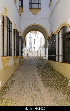 Pavage en pierre façon white alley avec une touche de jaune dans Ronda, Andalousie, Espagne Banque D'Images