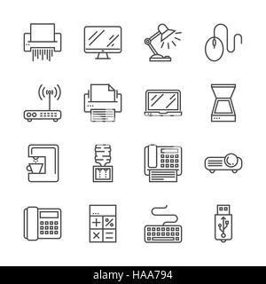 Périphériques de bureau connexes Ligne mince Icons Set isolé sur fond blanc. Pictogramme linéaire mono simple course Pack Logo Vector Concept pour les graphiques Web Illustration de Vecteur