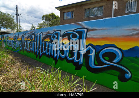 Bienvenue à murwillumbah murale sur le mur de prélèvement d'inondation à l'entrée de murwillumbah des rivières du nord de la Nouvelle Galles du sud Banque D'Images