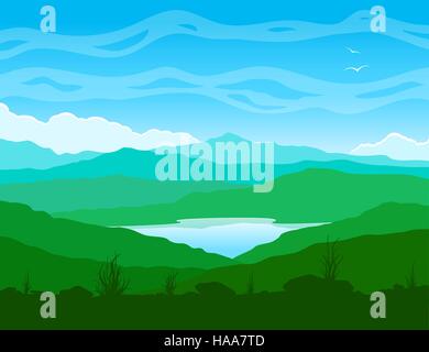 Paysage avec d'énormes montagnes vert et le lac bleu. Vector illustration. Illustration de Vecteur