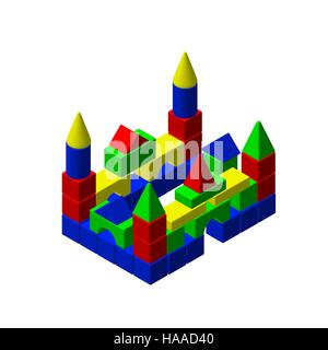 Château de blocs de construction jouets.isolé sur fond blanc. 3D de vecteur illustration colorée.style isométrique. Illustration de Vecteur