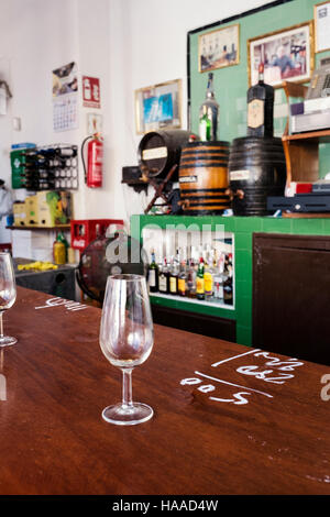 Verres de sherry sur un comptoir dans un bar de la ville de Séville Espagne Banque D'Images