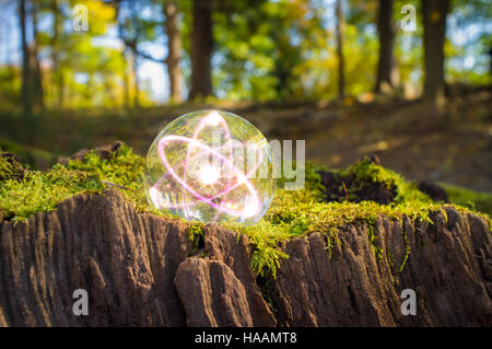 Magic Crystal Ball atome sur souche d'arbre moss pour l'automne l'imagerie fantastique Banque D'Images