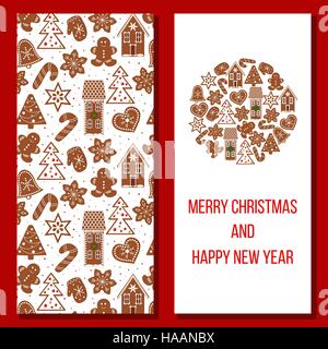 Gingerbread Christmas greetings set avec drôle de chiffres. Arbre de Noël, flocons, canne, cœur, étoile, maison, chapeau. Éléments de conception pour le p Illustration de Vecteur