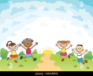 Les enfants sautent sur la clairière, bunner cartoon funny vector, Gabarit brochure publicitaire. Prêt pour votre message. Modèle vierge caractère. illustration Illustration de Vecteur