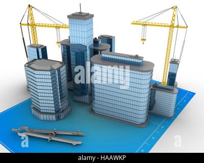 3d illustration de deux grues de construction sur les bâtiments a blueprint Banque D'Images