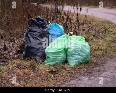 Déchets triés dans la forêt, sacs de déchets dans les bois, Banque D'Images