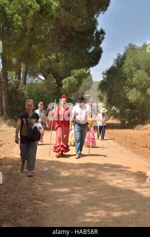 Les pèlerins sur le chemin du pèlerinage parmi les pins de la campagne de Huelva, Espagne. Banque D'Images