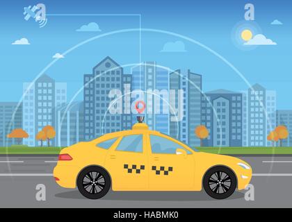 L'auto-conduite taxi voiture sans conducteur intelligent passe par la ville à l'aide de GPS de navigation moderne Illustration de Vecteur