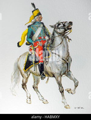 Guide de hussards à cheval en uniforme de l'armée allemande en 1797 la République française Banque D'Images