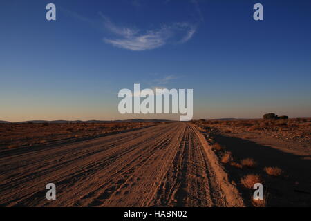Une route de sable poussiéreux tout droit serpente à travers le paysage de la Namaqualand dans la province du Cap du Nord de l'Afrique du Sud libre de with copy space Banque D'Images