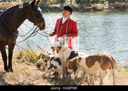 Huntsman Willie Dunn rassemble les chiens lors de la première chasse de la saison à Middleton Place Plantation le 27 novembre 2016 à Charleston, SC. La chasse au renard à Charleston est un frein à l'aide d'un chiffon chasse parfumée pour simuler un renard et aucun animal n'est blessé. Banque D'Images