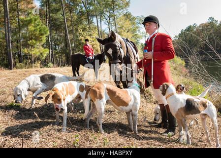 Huntsman Willie Dunn rassemble les chiens lors de la première chasse de la saison à Middleton Place Plantation le 27 novembre 2016 à Charleston, SC. La chasse au renard à Charleston est un frein à l'aide d'un chiffon chasse parfumée pour simuler un renard et aucun animal n'est blessé. Banque D'Images