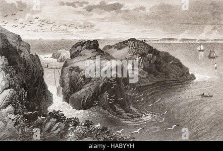 19e siècle vue sur le pont de corde de Carrick-a-Rede reliant le continent à l'île minuscule de Carrickarede, près de Ballintoy, comté d'Antrim, en Irlande du Nord. Banque D'Images