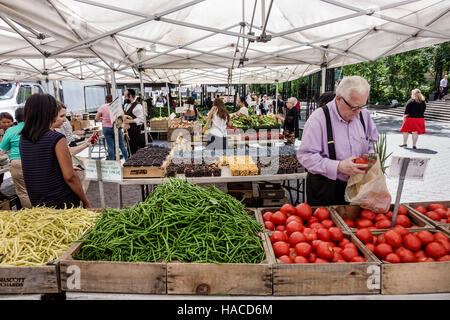 New York City,NY NYC Manhattan,Midtown,Turtle Bay,Dag Hammarskjold Plaza Greenmarket,marché agricole,tente,tables,légumes,haricots verts,tomates,fruits, Banque D'Images