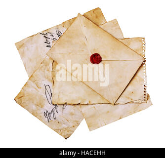 Lettres Vintage et l'enveloppe avec de la cire d'étanchéité isolated on white Banque D'Images