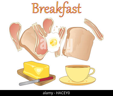 Une illustration d'un repas petit déjeuner avec une tasse de thé toast tranches de bacon et œuf frit un bloc de beurre d'or sur fond blanc Banque D'Images