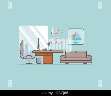 Télévision style minimaliste. Creative office avec ordinateur portable, bureau, lampe Illustration de Vecteur