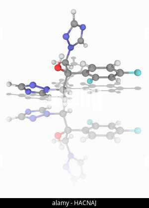 Fluconazole. Le modèle moléculaire de l'antifongique fluconazole (C13.H12.F2.N6.O). Il s'agit d'un triazole médicament utilisé dans le traitement des infections fongiques. Les atomes sont représentés comme des sphères et sont codés par couleur : carbone (gris), l'hydrogène (blanc), l'azote (bleu), l'oxygène (rouge) et de fluor (cyan). L'illustration. Banque D'Images