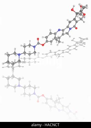 L'irinotecan. Le modèle moléculaire du médicament l'irinotécan (C33.H38.N4.O6), principalement utilisés en chimiothérapie pour traiter le cancer du côlon. Les atomes sont représentés comme des sphères et sont codés par couleur : carbone (gris), l'hydrogène (blanc), l'azote (bleu) et d'oxygène (rouge). L'illustration. Banque D'Images