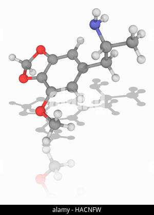 Le modèle moléculaire de la drogue psychédélique (MMDA C11.H15.N.O3), également connu sous le nom de 3-méthoxy-4, 5-méthylènedioxyamphétamine. C'est un entactogen drug d'amphétamine. C'est un analogue structural de la MDMA (ecstasy). Les atomes sont représentés comme des sphères et sont codés par couleur : carbone (gris), l'hydrogène (blanc), l'azote (bleu) et d'oxygène (rouge). L'illustration. Banque D'Images