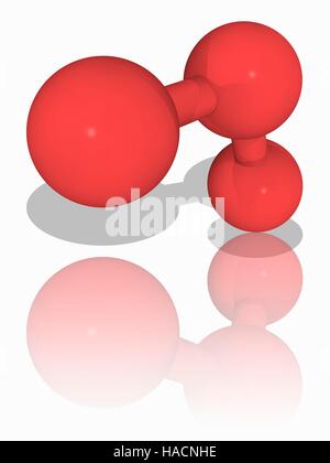 L'ozone. Le modèle moléculaire du gaz triatomique de l'ozone (O3), un puissant oxydant (comburant) et de polluants atmosphériques, avec des effets nocifs sur le système respiratoire. Les atomes sont représentés comme des sphères et sont de couleurs différentes : l'oxygène (rouge). L'illustration. Banque D'Images