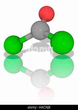 Le phosgène. Le modèle moléculaire des composés inorganiques du phosgène (C.O.Cl2). Un gaz incolore, il a tué des dizaines de milliers au cours de son utilisation comme une arme chimique pendant la Première Guerre mondiale. C'est un chlorure d'acyle, oxohalide, et non-metal halide. Les atomes sont représentés comme des sphères et sont codés par couleur : carbone (gris), l'oxygène (rouge) et le chlore (vert). L'illustration. Banque D'Images