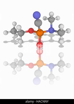 Le tabun. Le modèle moléculaire de l'agent neurotoxique extrêmement toxiques tabun (C5.H11.N2.O2.P). Chimiquement, c'est un ester éthylique. C'était la première (GA) de la série G de contre les agents chimiques. Les atomes sont représentés comme des sphères et sont codés par couleur : carbone (gris), l'hydrogène (blanc), l'azote (bleu), l'oxygène (rouge) et de phosphore (orange). L'illustration. Banque D'Images