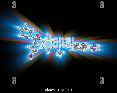 Le dabigatran. Le modèle moléculaire de l'anticoagulant dabigatran (C25.H25.N7.O3). C'est un anticoagulant oral appartenant à la classe des inhibiteurs directs de la thrombine. Les atomes sont représentés comme des sphères et sont codés par couleur : carbone (gris), l'hydrogène (blanc), l'azote (bleu) et d'oxygène (rouge). L'illustration. Banque D'Images