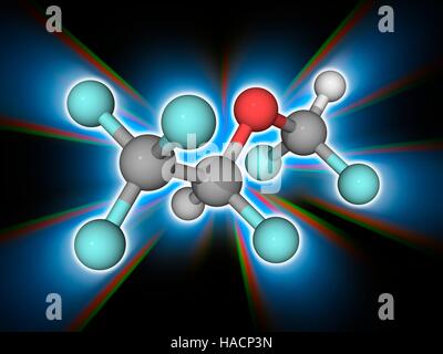 Anesthésique Desflurane. Le modèle moléculaire du médicament anesthésique desflurane (C3.H2.F6.O). Ce hautement fluorée methyl ethyl ester est utilisé pour l'anesthésie générale. Comme un gaz à effet de serre, il contribue au réchauffement climatique. Les atomes sont représentés comme des sphères et sont codés par couleur : carbone (gris), l'hydrogène (blanc), l'oxygène (rouge) et de fluor (cyan). L'illustration. Banque D'Images