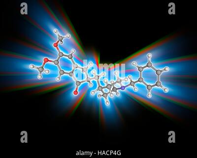 Le donépézil. Le modèle moléculaire de l'action centrale de l'inhibiteur réversible d'acetylcholinesterase donepezil (C24.H29.N.O3). Ce médicament est utilisé dans le traitement palliatif des formes légères à modérées de la maladie d'Alzheimer. Les atomes sont représentés comme des sphères et sont codés par couleur : carbone (gris), l'hydrogène (blanc), l'azote (bleu) et d'oxygène (rouge). L'illustration. Banque D'Images
