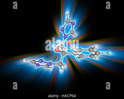 Fluconazole. Le modèle moléculaire de l'antifongique fluconazole (C13.H12.F2.N6.O). Il s'agit d'un triazole médicament utilisé dans le traitement des infections fongiques. Les atomes sont représentés comme des sphères et sont codés par couleur : carbone (gris), l'hydrogène (blanc), l'azote (bleu), l'oxygène (rouge) et de fluor (cyan). L'illustration. Banque D'Images