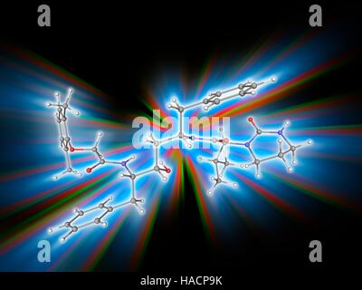 Le lopinavir. Le modèle moléculaire du médicament antirétroviral lopinavir (C37.H48.N4.O5). Ce médicament est un inhibiteur de la protéase qui est utilisé en association avec le ritonavir pour traiter le VIH (virus de l'immunodéficience humaine). Les atomes sont représentés comme des sphères et sont codés par couleur : carbone (gris), l'hydrogène (blanc), l'azote (bleu) et d'oxygène (rouge). L'illustration. Banque D'Images