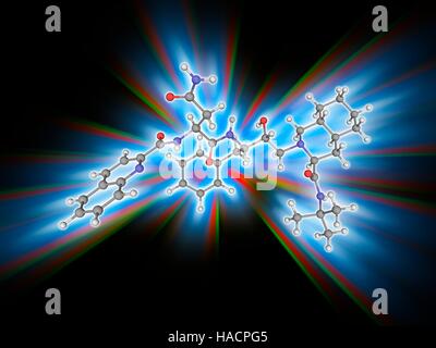 Le saquinavir. Le modèle moléculaire du médicament anti-rétroviral saquinavir (C38.H50.N6.O5), un inhibiteur de protéase utilisé pour traiter le VIH (virus de l'immunodéficience humaine). Les atomes sont représentés comme des sphères et sont codés par couleur : carbone (gris), l'hydrogène (blanc), l'azote (bleu) et d'oxygène (rouge). L'illustration. Banque D'Images