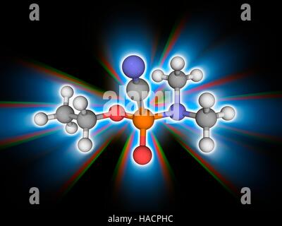 Le tabun. Le modèle moléculaire de l'agent neurotoxique extrêmement toxiques tabun (C5.H11.N2.O2.P). Chimiquement, c'est un ester éthylique. C'était la première (GA) de la série G de contre les agents chimiques. Les atomes sont représentés comme des sphères et sont codés par couleur : carbone (gris), l'hydrogène (blanc), l'azote (bleu), l'oxygène (rouge) et de phosphore (orange). L'illustration. Banque D'Images