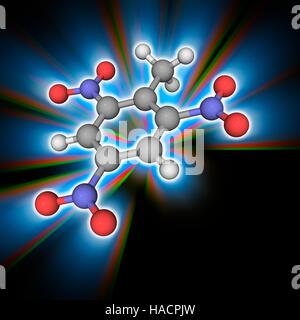 TNT. Le modèle moléculaire du composé organique et explosive trinitrotoluène (TNT, C7.H5.N3.O6). C'est l'un des plus couramment utilisé des explosifs. Les atomes sont représentés comme des sphères et sont codés par couleur : carbone (gris), l'hydrogène (blanc), l'azote (bleu) et d'oxygène (rouge). L'illustration. Banque D'Images