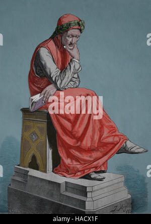 Dante Alighieri (1265-1321). Poète italien de la fin du Moyen Âge. Portrait. Gravure, 19e. La couleur. Banque D'Images