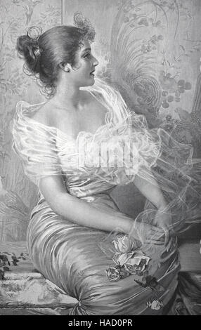 Jeune femme en robe de tulle, avec une rose dans la main, attendant que son amant, illustration publié en 1880 Banque D'Images