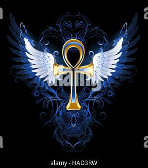 Ankh en or blanc avec les ailes sur un fond à motifs bleu foncé. Illustration de Vecteur