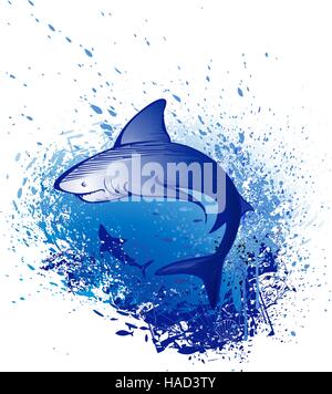 Art dessiné par un grand requin blanc nage dans le bleu profond de la mer. Illustration de Vecteur