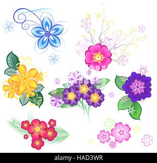 Fleurs stylisées de couleur sur un fond blanc. Illustration de Vecteur