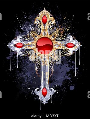 Croix Gothique, bijoux d'argent et d'or, orné de rubis et le motif sur fond noir Illustration de Vecteur