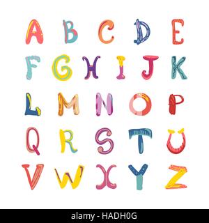 Funky mignon dessiné à la main l'alphabet. Les enfants font isolé sur blanc. Illustration de Vecteur
