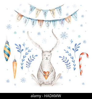 Aquarelle hand drawn noël mignon cadeau illustrations collecti Banque D'Images