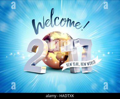 Message d'accueil et nouvelle année 2017 genre composé d'une planète terre d'or, sur un fond bleu brillant - 3D illustration Banque D'Images