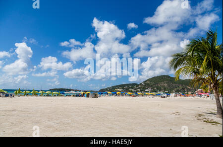 Les baigneurs Sun sous parasols de plage sur l'Ile de Saint Martin Banque D'Images