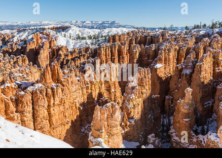 Hoodoos couvertes de neige au Parc National de Bryce Canyon dans l'Utah du sud. Banque D'Images