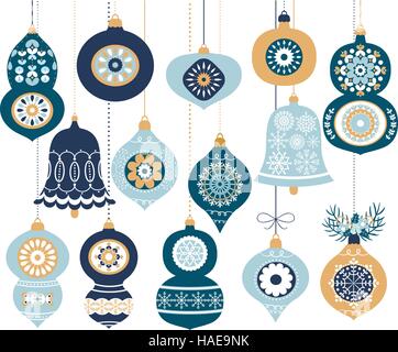 Ensemble d'ornements de Noël rétro bleu, décoration pendaison vacances Illustration de Vecteur