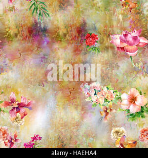 L'aquarelle de feuilles et de fleurs, motif transparent Banque D'Images